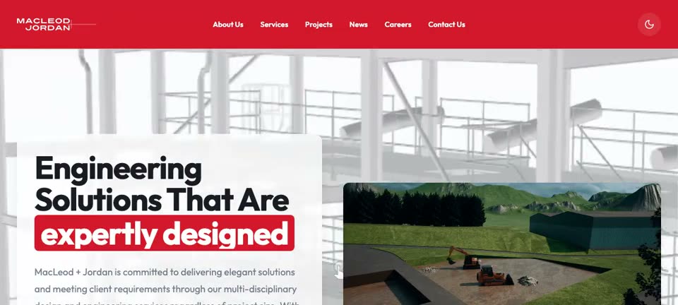 MacLeod Jordan homepage hero with changing engineering text and 3D model